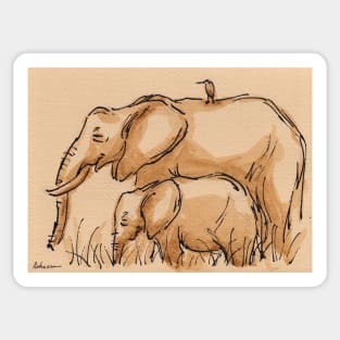 Family of Three:  Baby Elephant, Mama & Birdie Watercolor Painting #22 Sticker